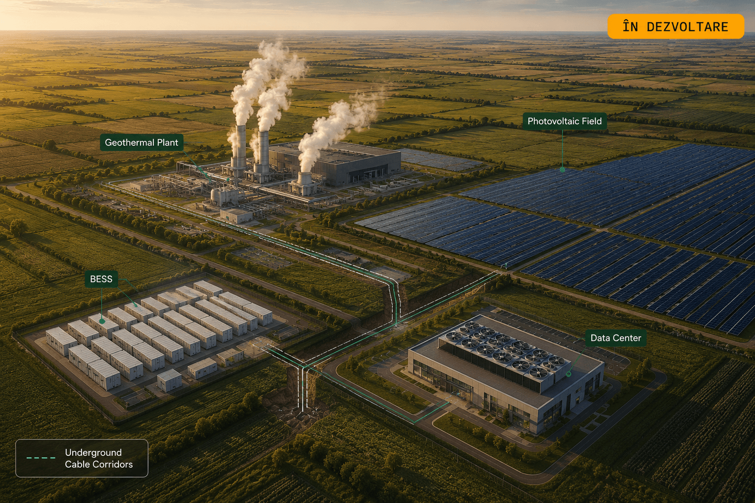 Complex integrat — geotermal, fotovoltaic, BESS și data center