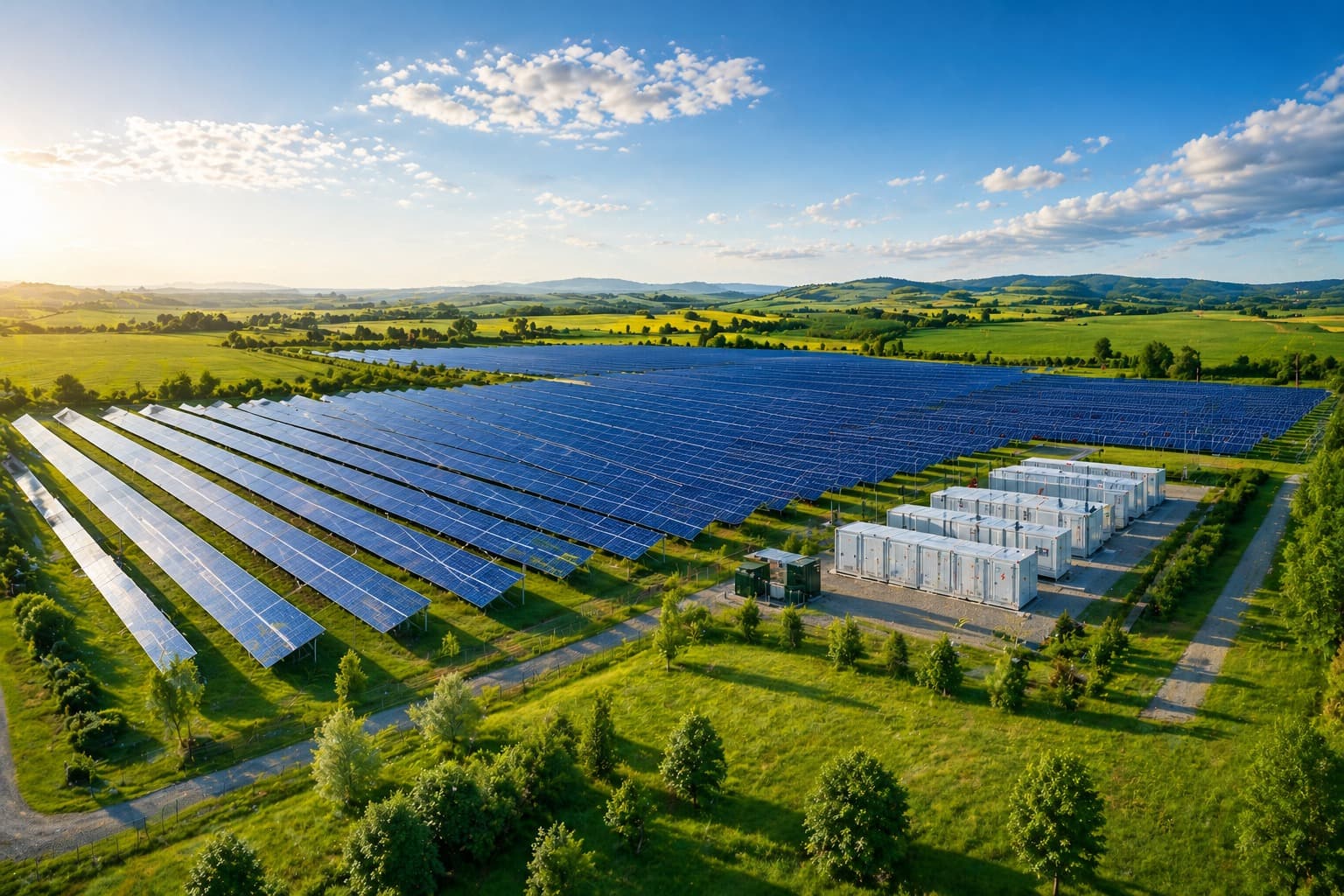 Vedere aeriană a unui parc fotovoltaic la scară industrială și a sistemului de stocare BESS adiacent
